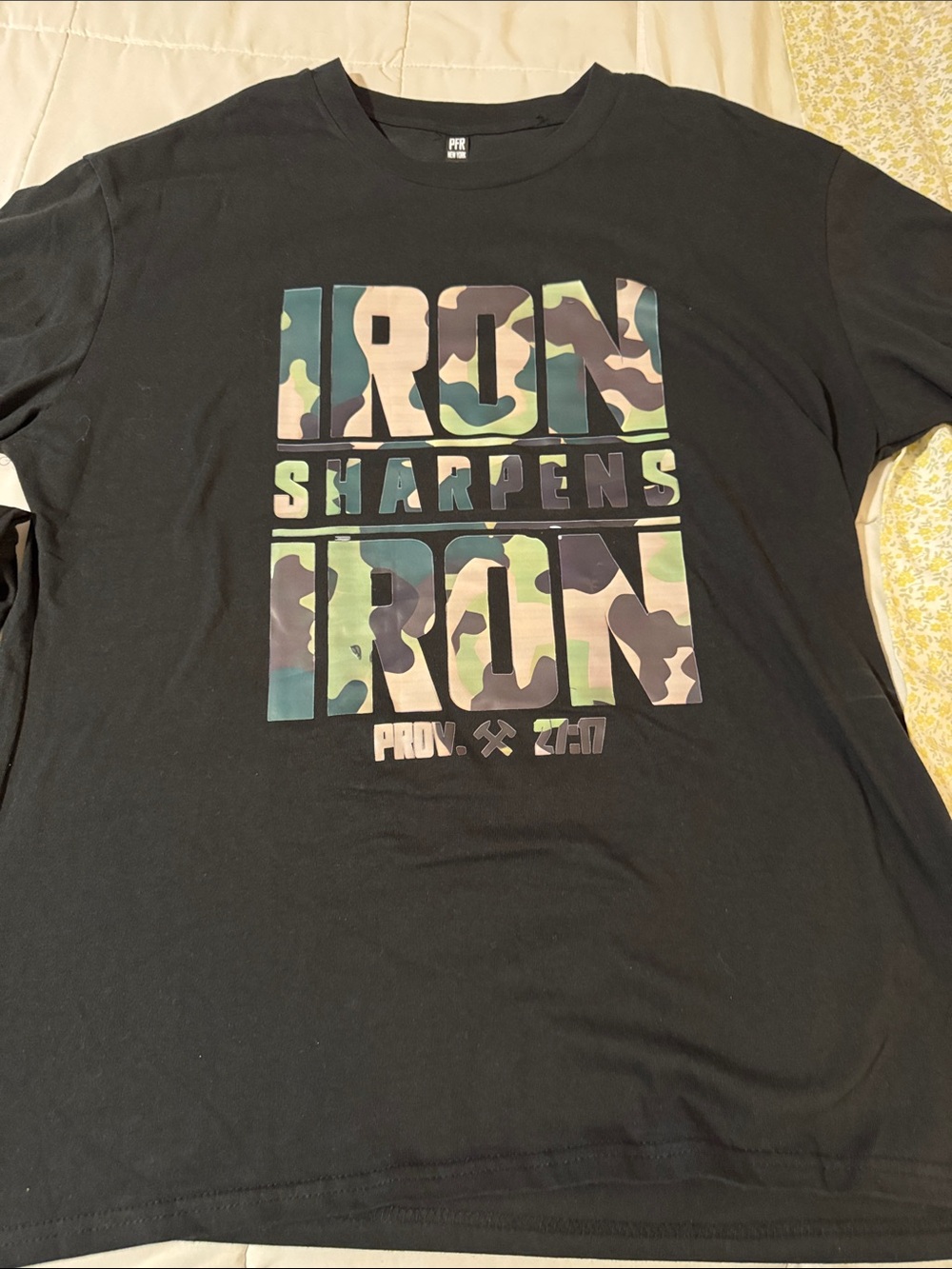 Men's Black Graphic Tee with Camo 'Iron Sharpens Iron' Print